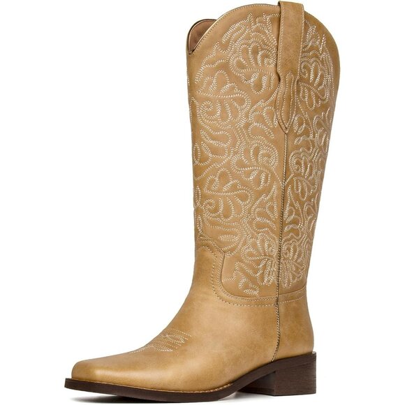 Women's Apricot Embroidered Square Toe Pull on Cowgirl Western Chunky Heel Boots - Picture 1 of 6